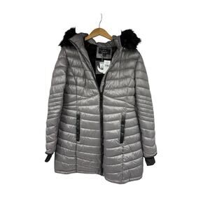 LA Coalition Gray Long Puffer Jacket Coat Faux Fur Hood Buckle Womens Large New